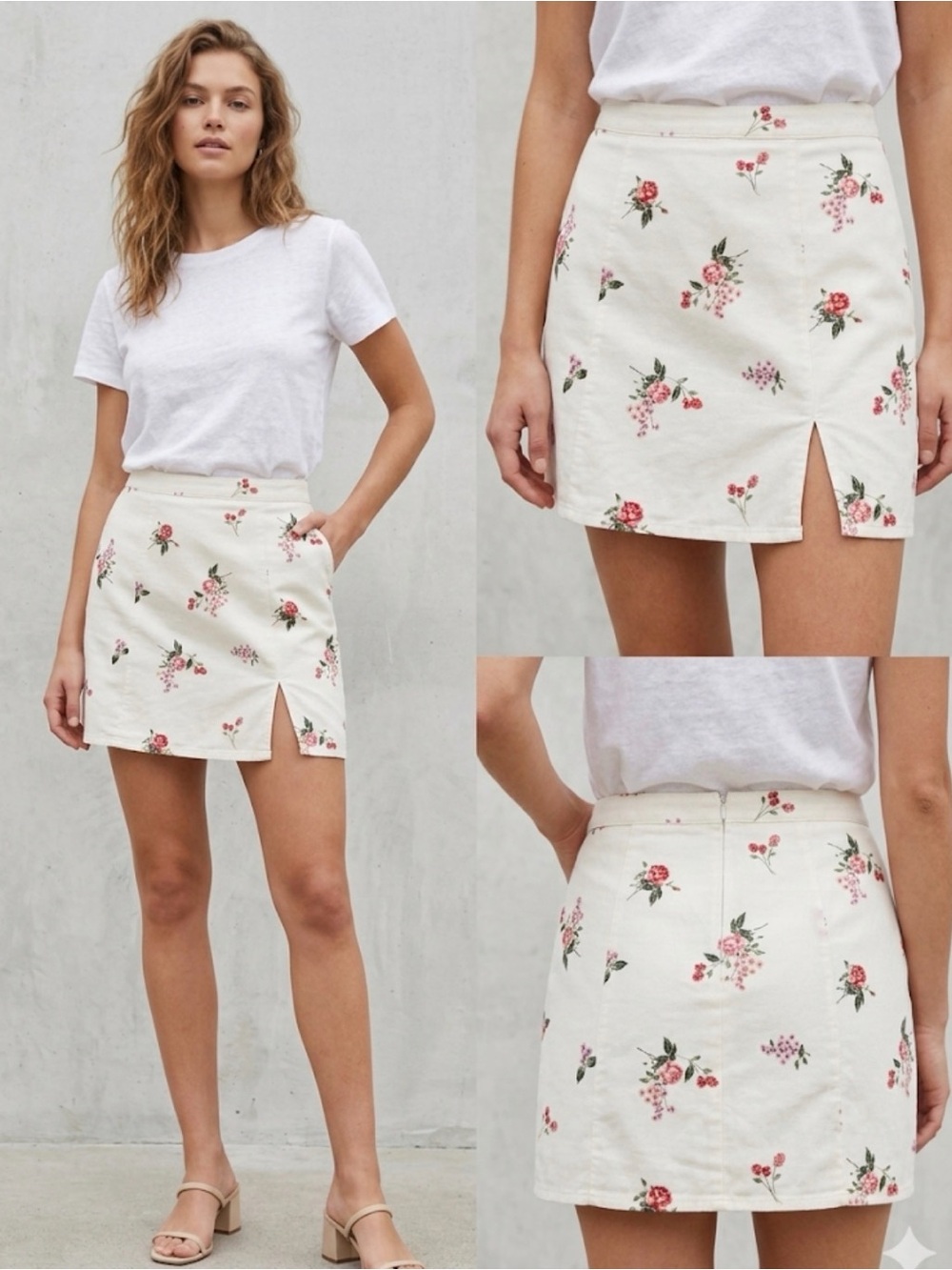 White Floral Mini Skirt with Pink and Green Floral Accents
